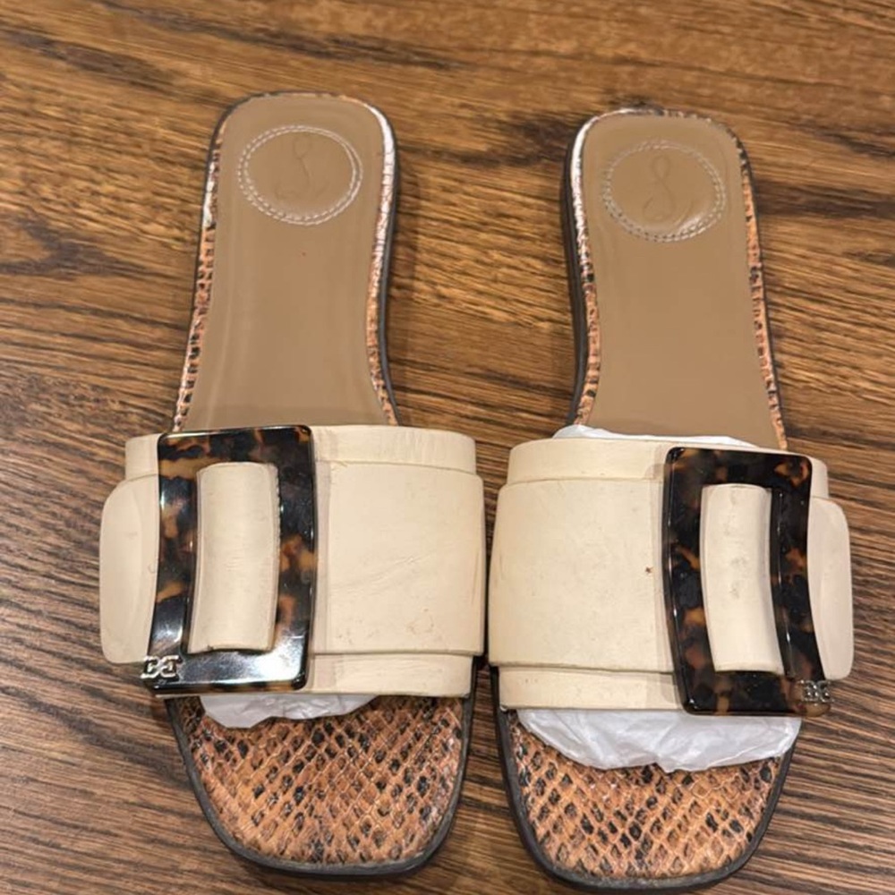 Sam Edelman Cream Slide Sandals with Tortoiseshell Buckle